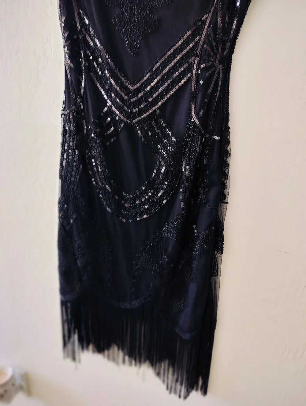Black Sequined Fringe Art Deco Beaded Evening Cocktail Gown Flapper XL
